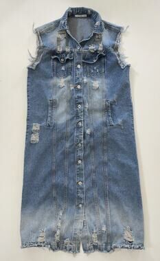 Veveret Full Distressed Sleeveless Longline Denim Jacket Boho Trench Maxi 1XL